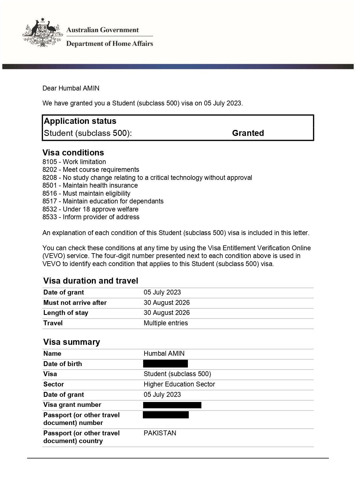 IMMI Grant Notification - Humbal AMIN
