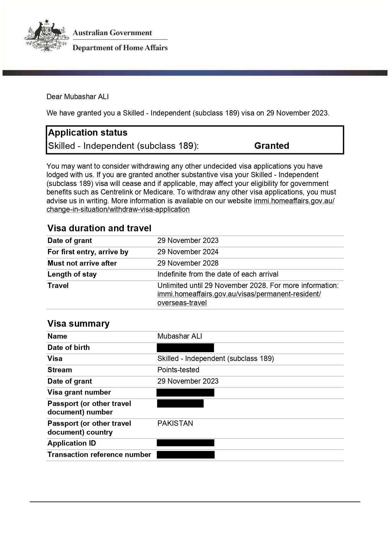 IMMI Grant Notification - Mubashar Ali