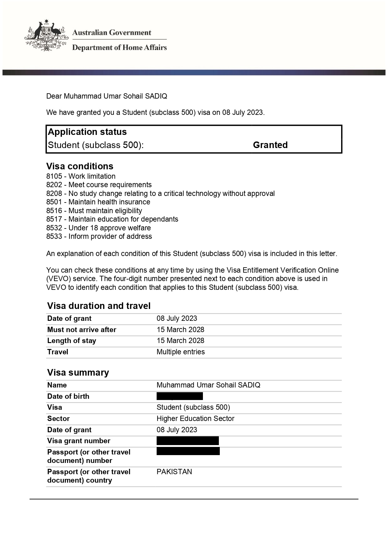 IMMI Grant Notification (Umar Sohail)