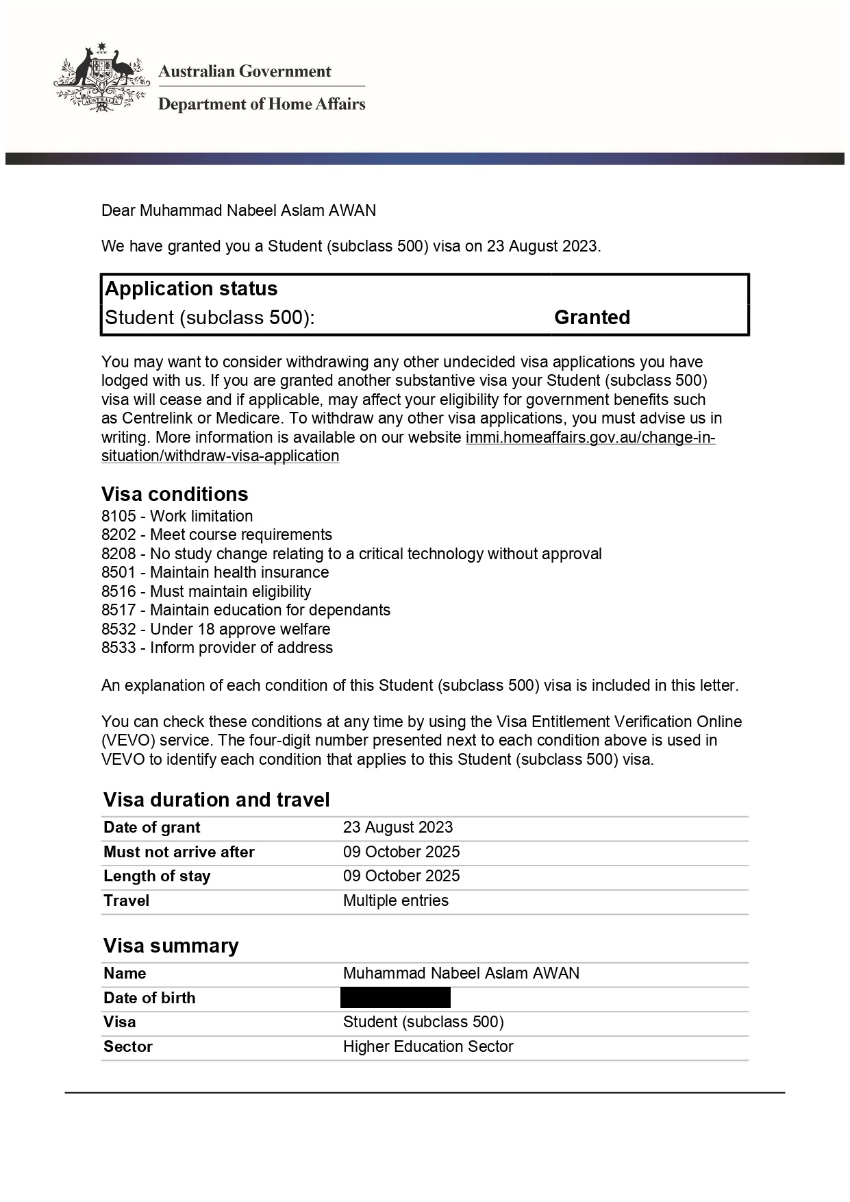 Success Story - AUS Study Visa - Muhammad Nabeel Aslam Awan