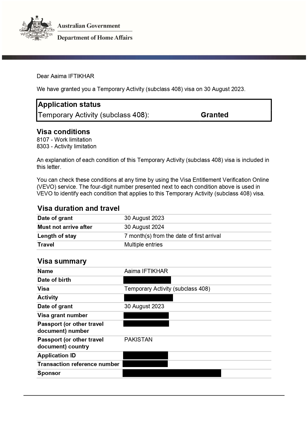 Success Story - Visa Grant Letter - Aaima Iftikhar