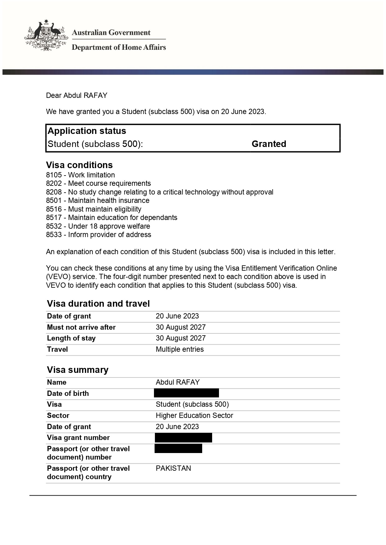 Visa Grant - Abdul Rafay