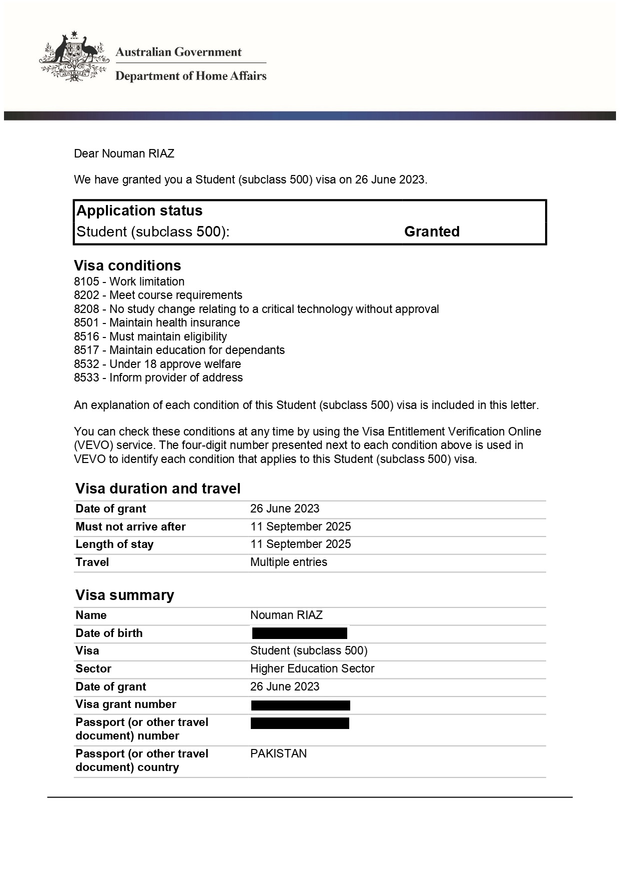 Visa Grant - Nouman Riazz