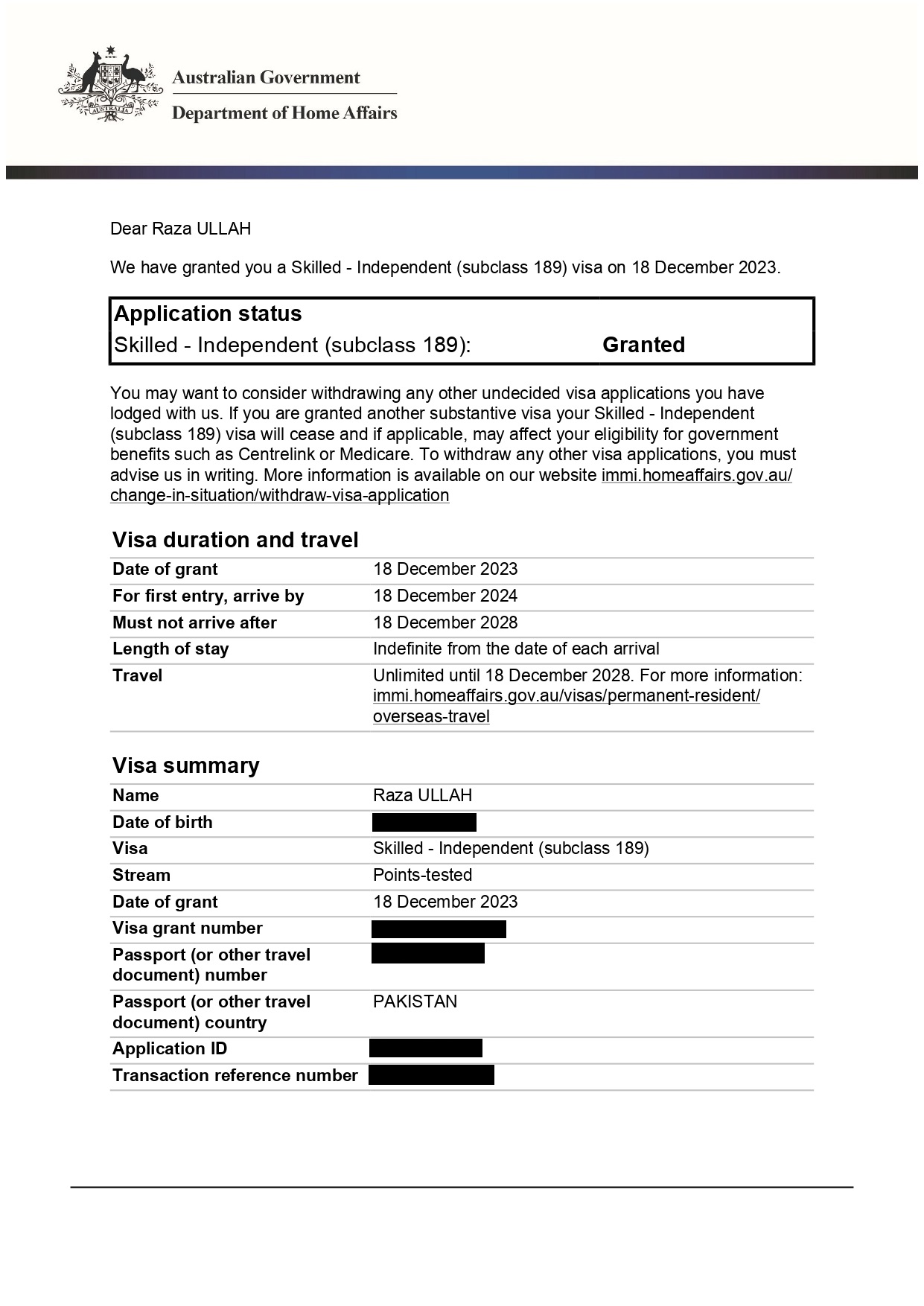 Visa Grant - Raza Ullah