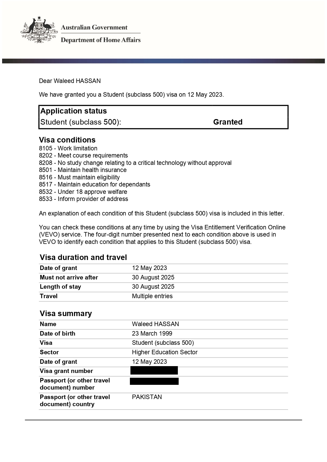 Visa Grant - Waleed Hassan